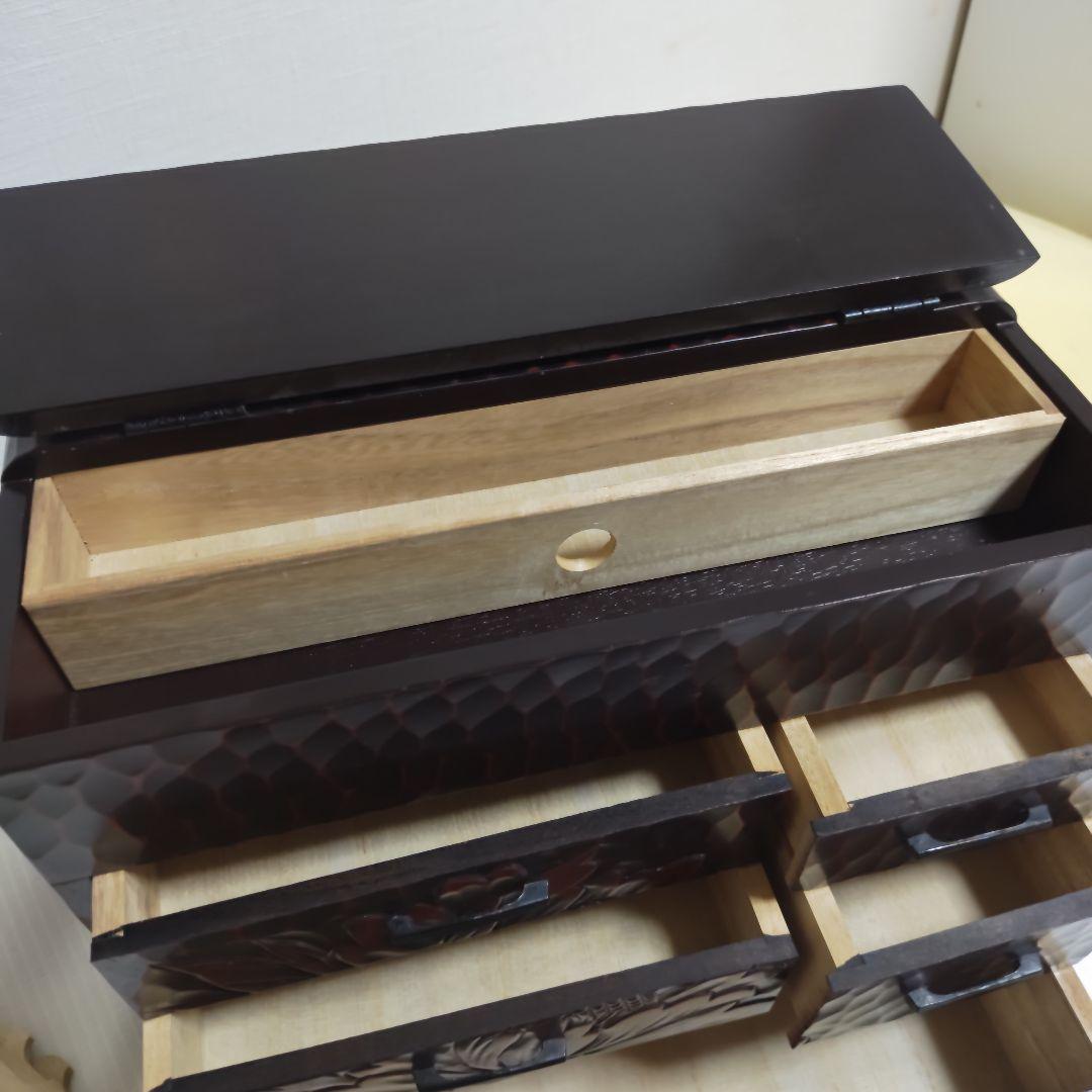 【良品】鎌倉彫り　整理箱　手彫り　アクセサリー　五引出し　隠し収納　上部収納
