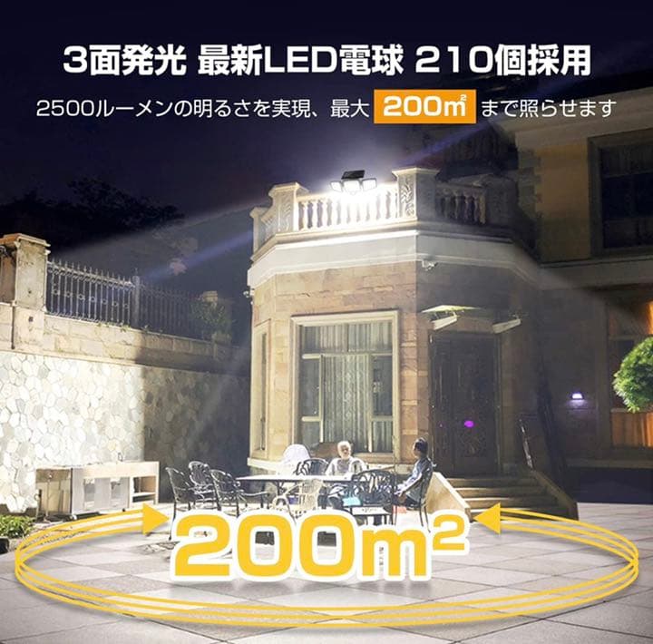 ソーラーライト 屋外 防水 センサーライト210LED 3面発光 光束