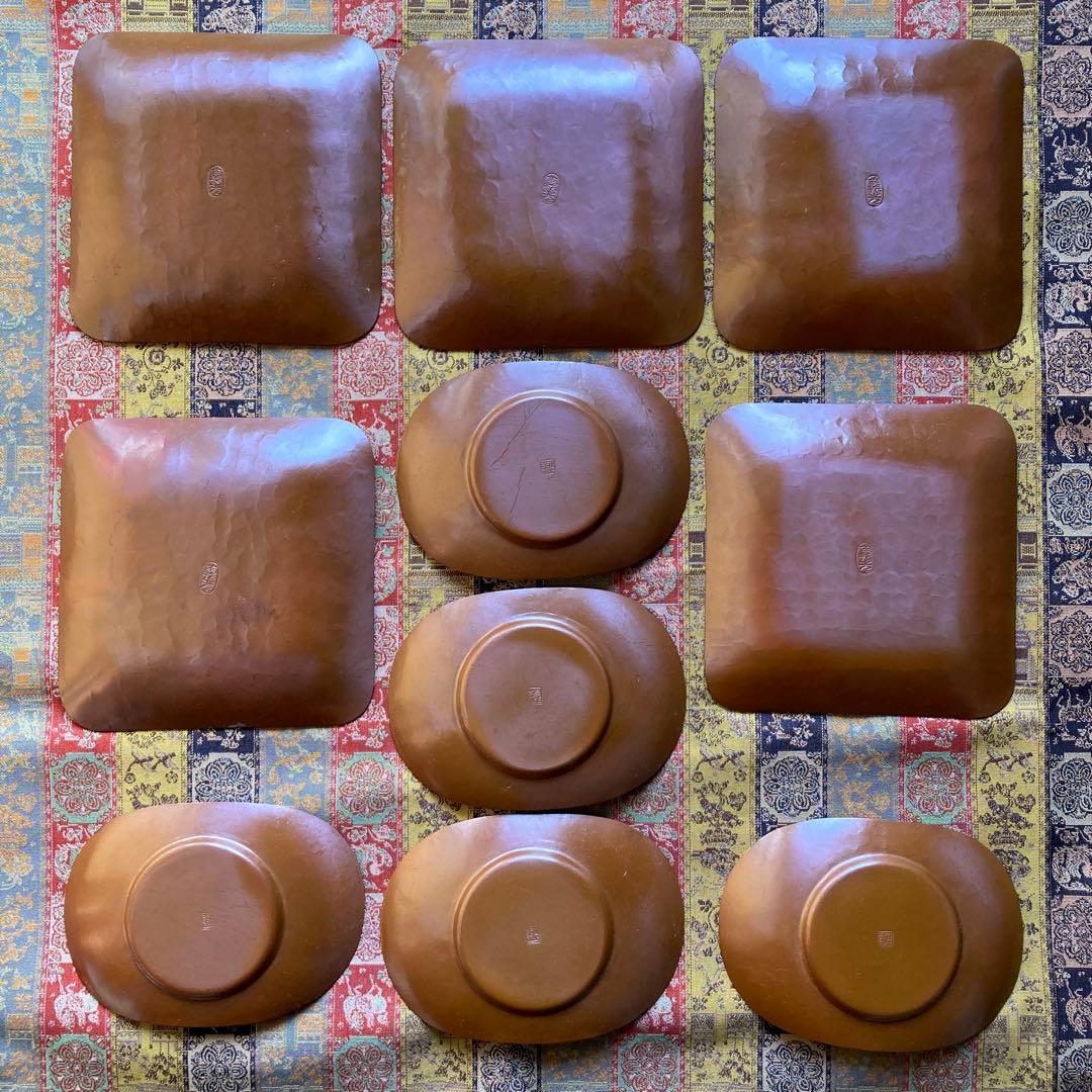 西村義光　￼鍛金　茶托11×8cm皿11.3×11.2￼cm5枚揃￼ 木箱紙箱付