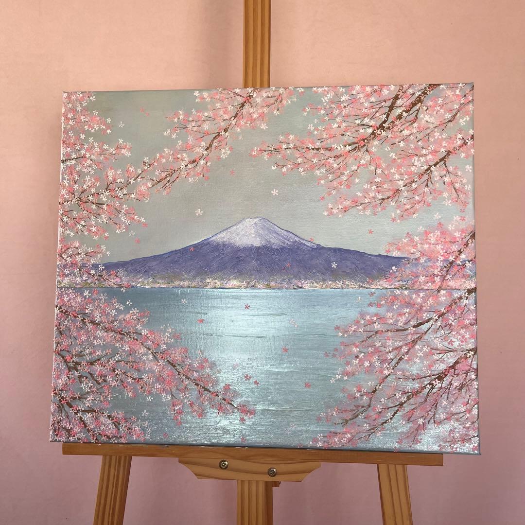 桜と富士山 原画 F10 テクスチャーアート 風景画 インテリアアート 桜 春