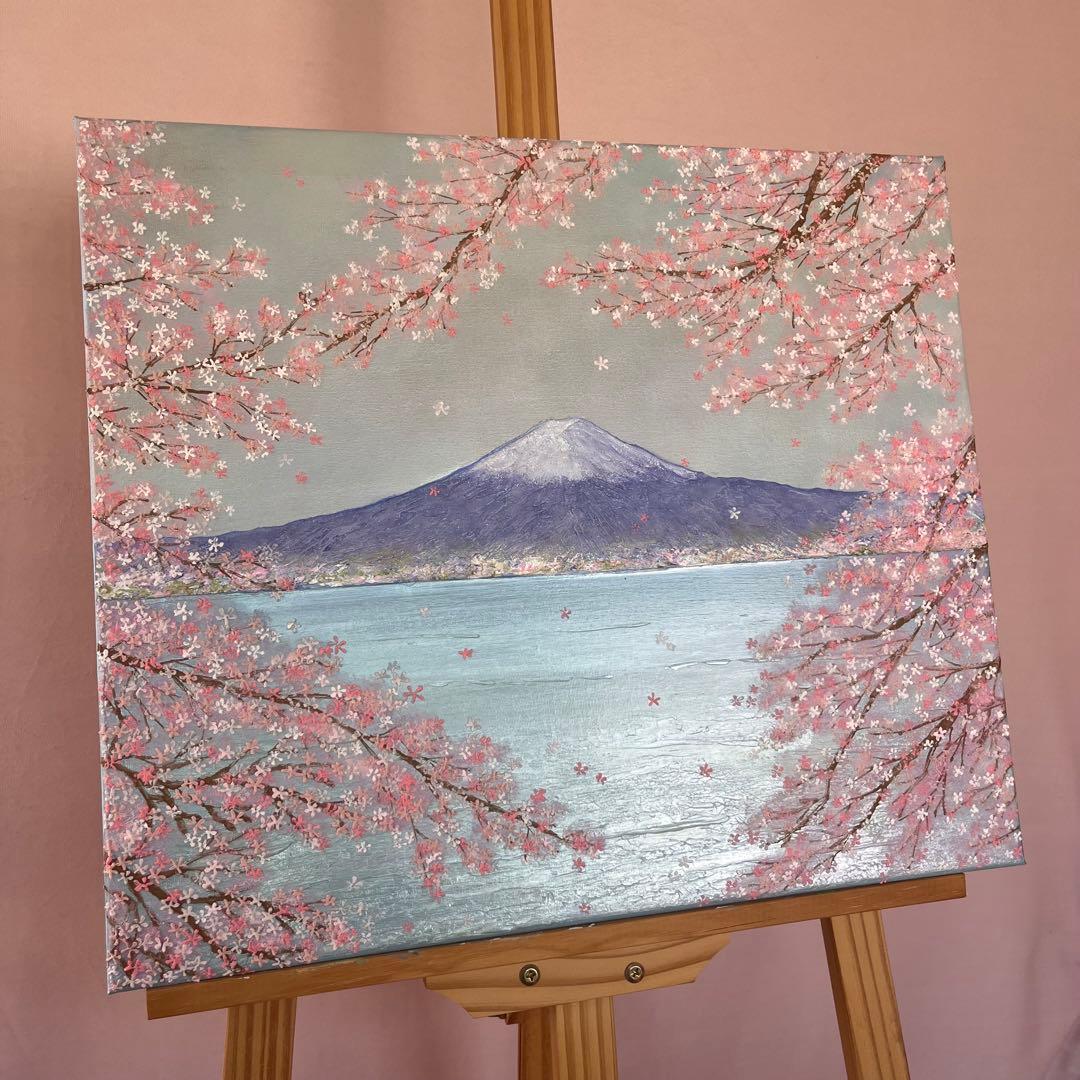 桜と富士山 原画 F10 テクスチャーアート 風景画 インテリアアート 桜 春