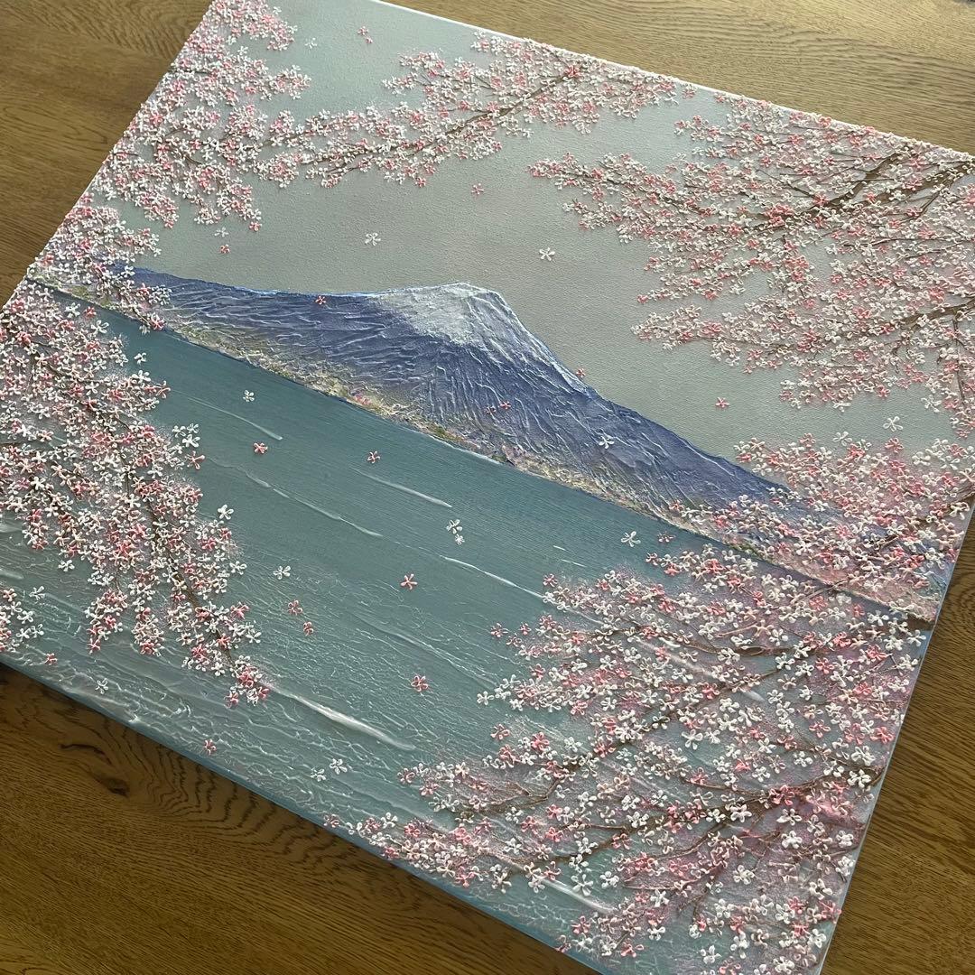 桜と富士山 原画 F10 テクスチャーアート 風景画 インテリアアート 桜 春