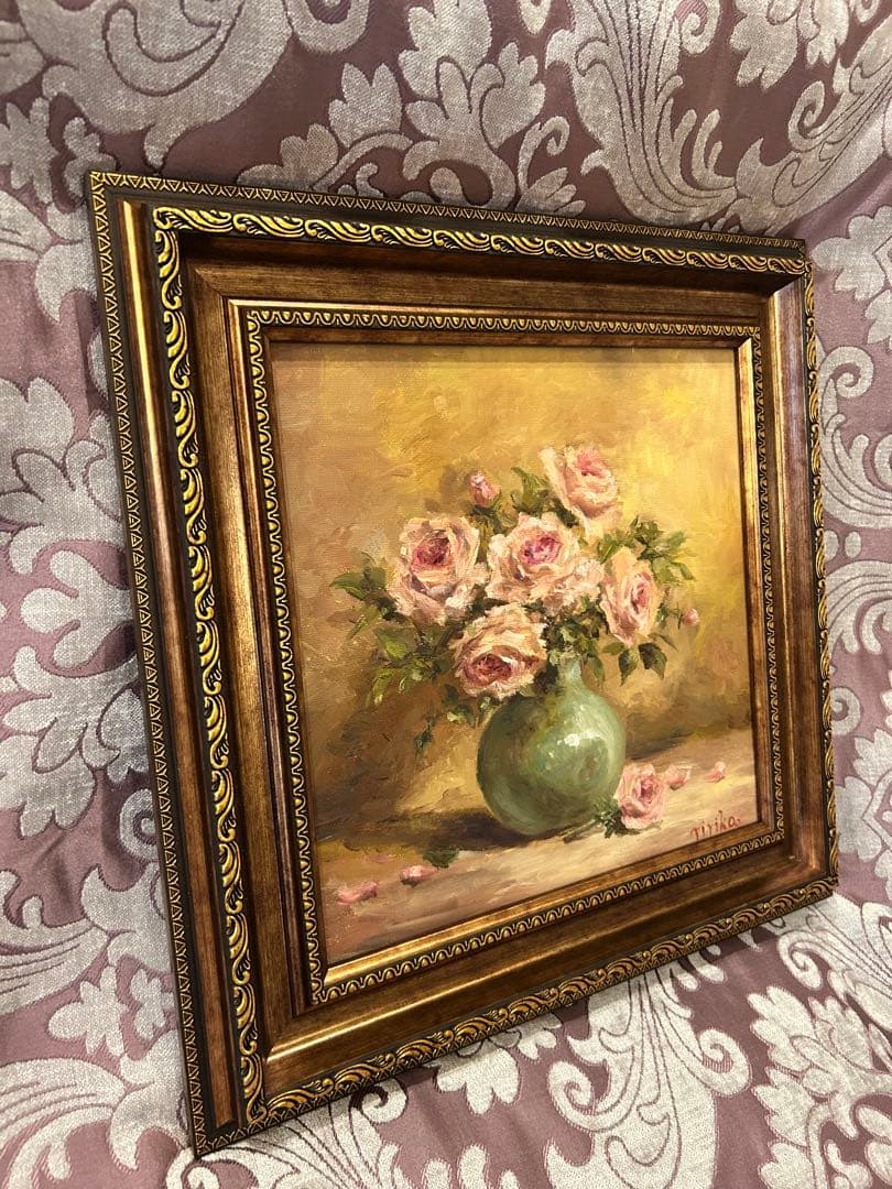 油彩画 ピンクのバラ 緑の花瓶　額縁付き