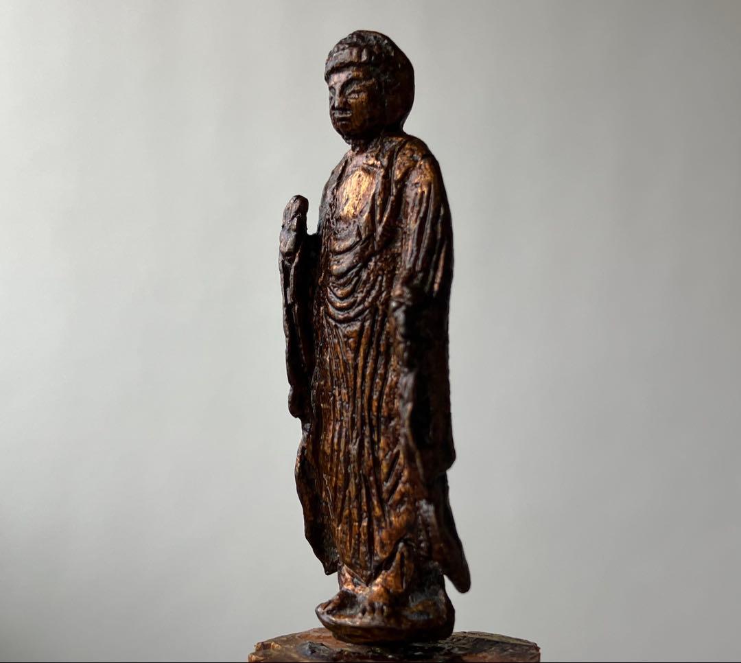 【古い金泥銅仏 阿弥陀如来像 像高約4㎝ 江戸後期〜明治頃】豆仏持念仏像民間信仰