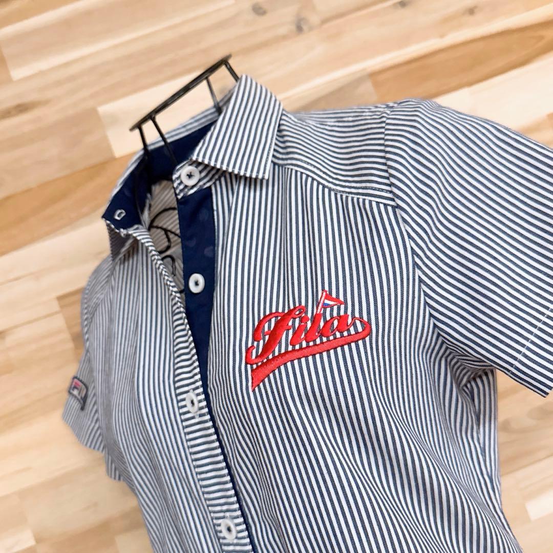 美品【フィラゴルフ】ゴルフ ストライプ 半袖 ポロシャツ ワンピース M 紺×白