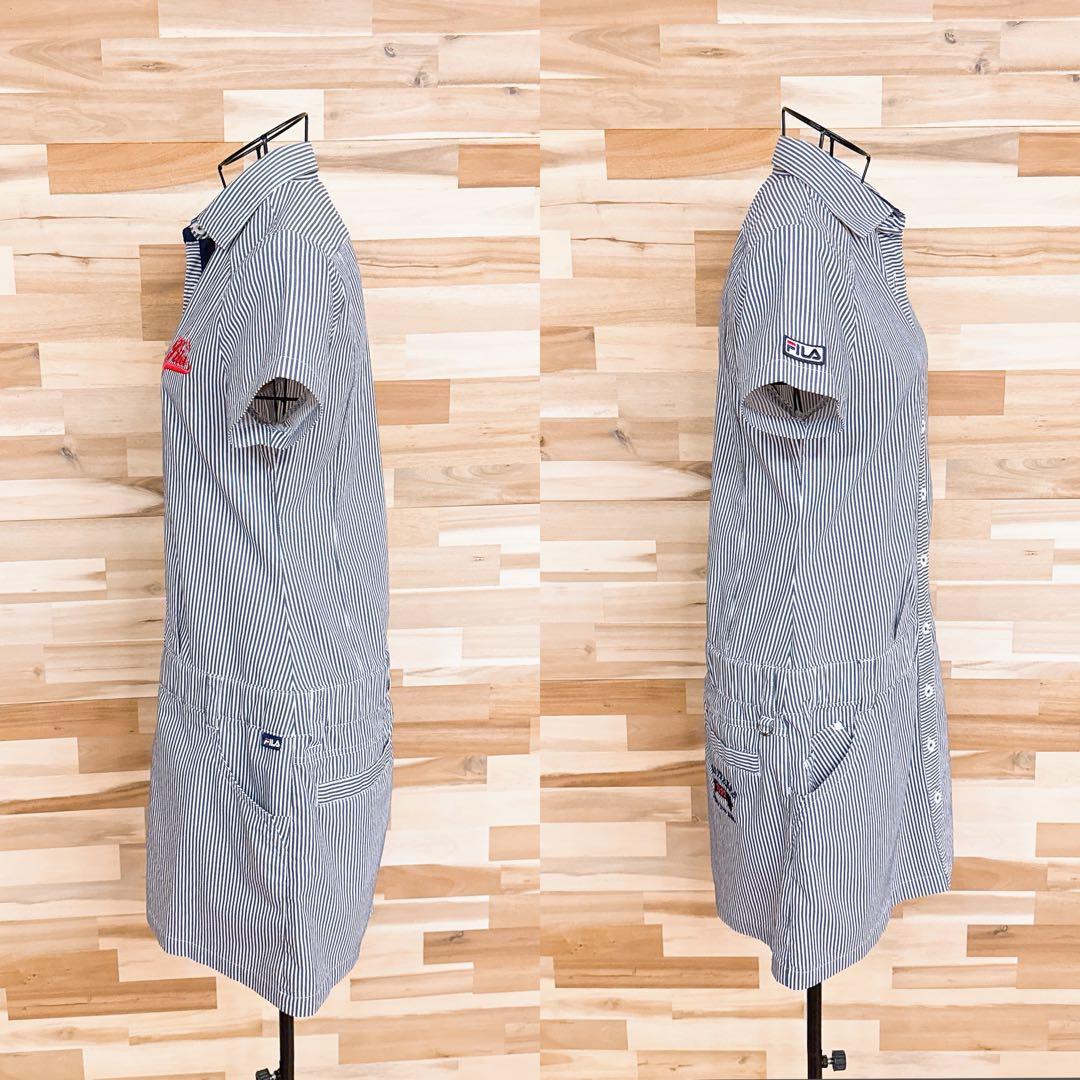 美品【フィラゴルフ】ゴルフ ストライプ 半袖 ポロシャツ ワンピース M 紺×白