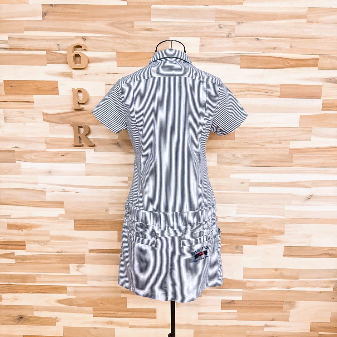 美品【フィラゴルフ】ゴルフ ストライプ 半袖 ポロシャツ ワンピース M 紺×白