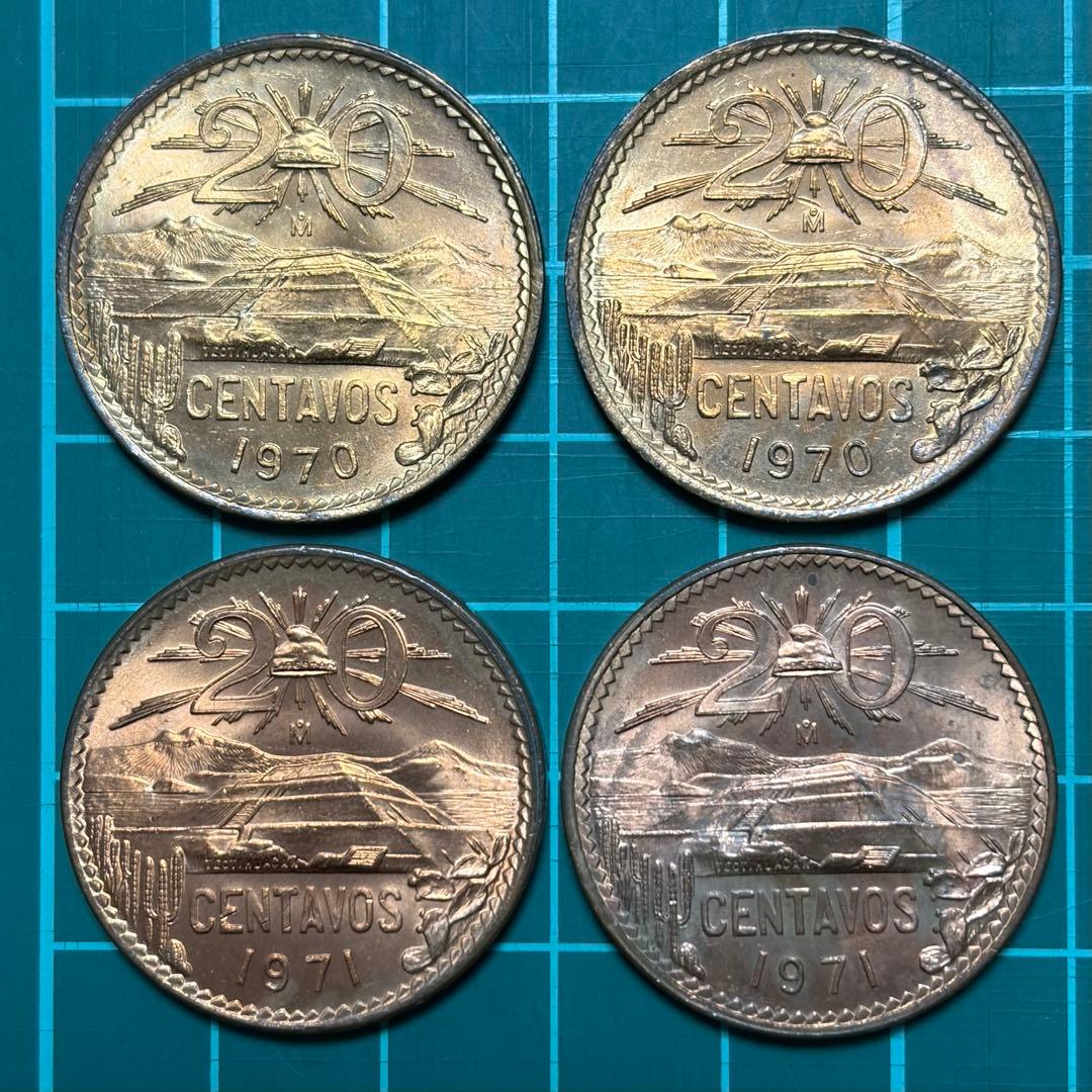 古銭　世界の硬貨　世界の　メキシコ 20センターボ 4枚　準未使用~未使用