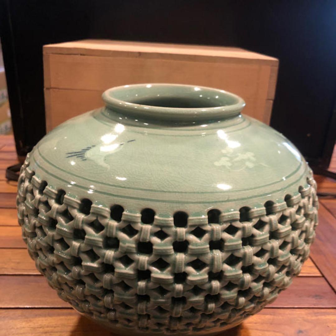 断捨離　高麗青磁 海泉 網目透かし花瓶 二重壺 花器　骨董