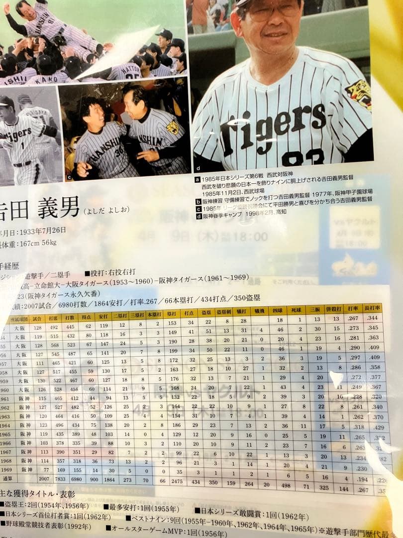 吉田義男 選手プロフィール資料 23番 オマケ付き　4/9甲子園招待券