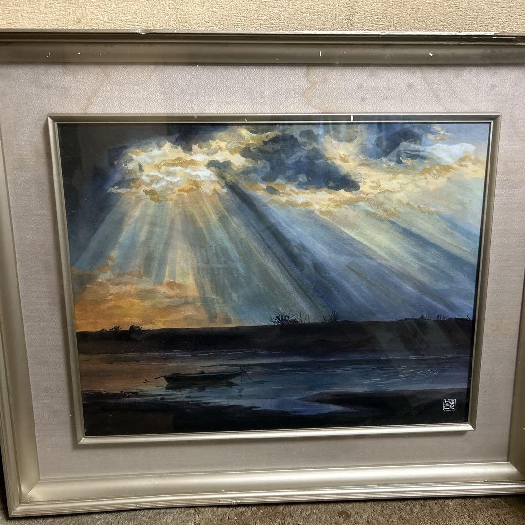 風景画 大きな額縁入り絵画　雲　光の筋