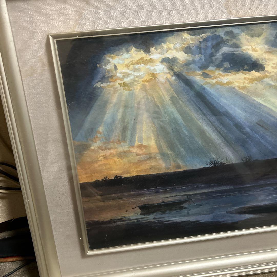 風景画 大きな額縁入り絵画　雲　光の筋