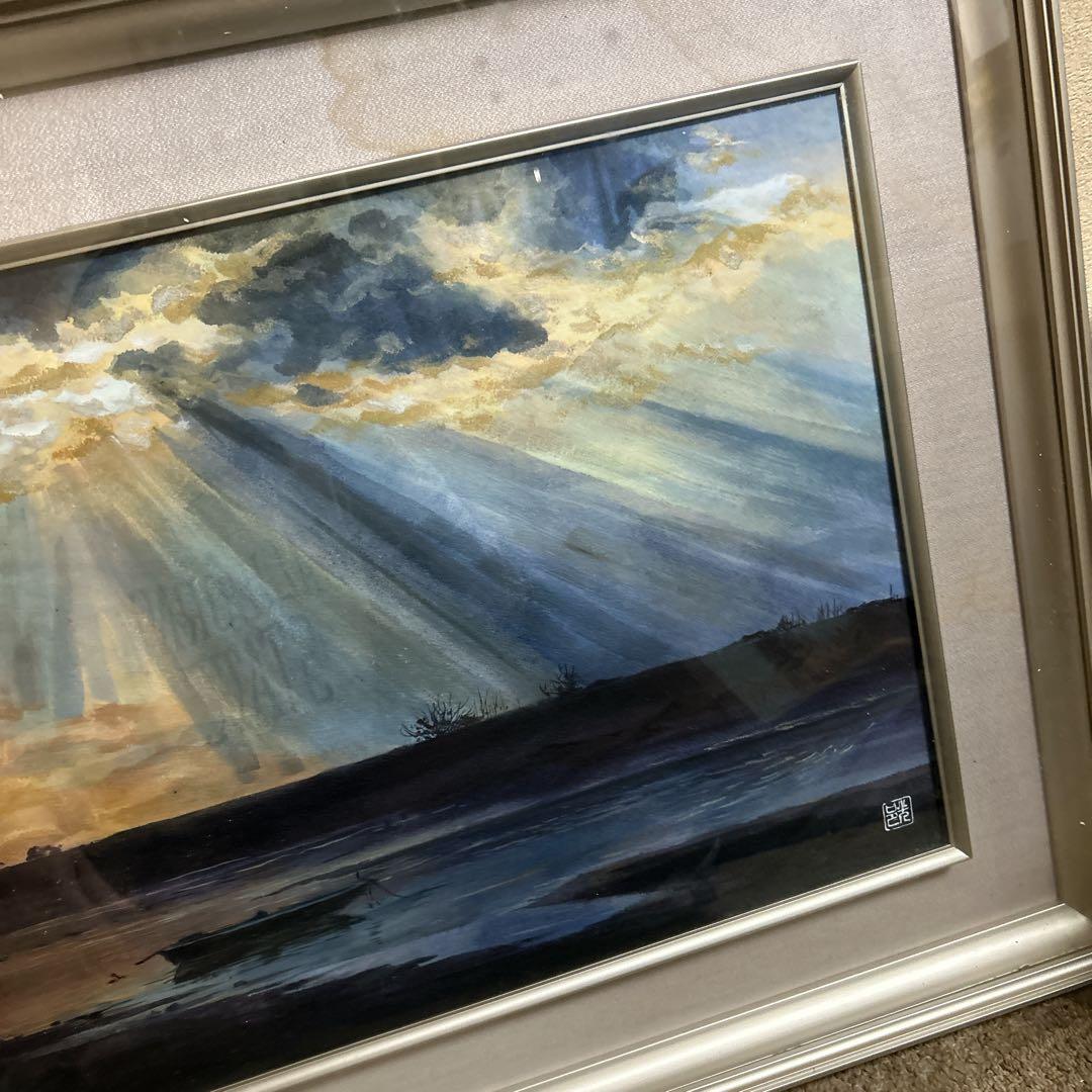 風景画 大きな額縁入り絵画　雲　光の筋