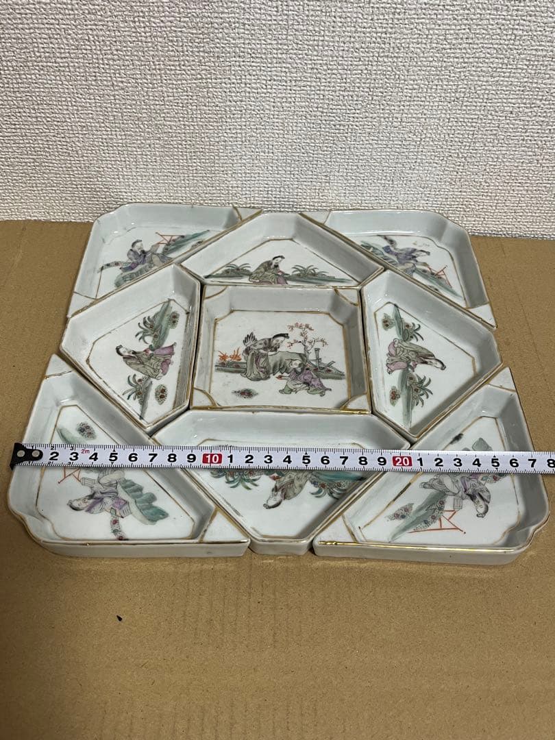 中国美術　清時代菱形皿金彩 粉彩 小皿 菓子皿 食器9点セット時代物