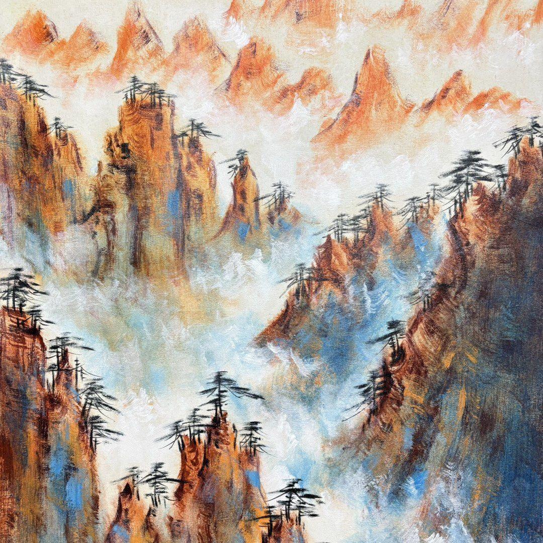 手描き 水彩油画 山水画 刘海粟 中国絵画 風景画 約70×100cm 未表装