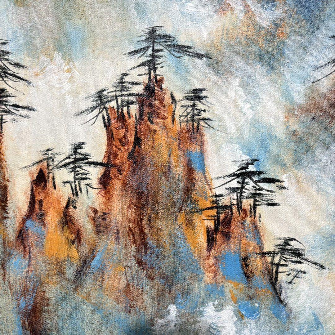 手描き 水彩油画 山水画 刘海粟 中国絵画 風景画 約70×100cm 未表装