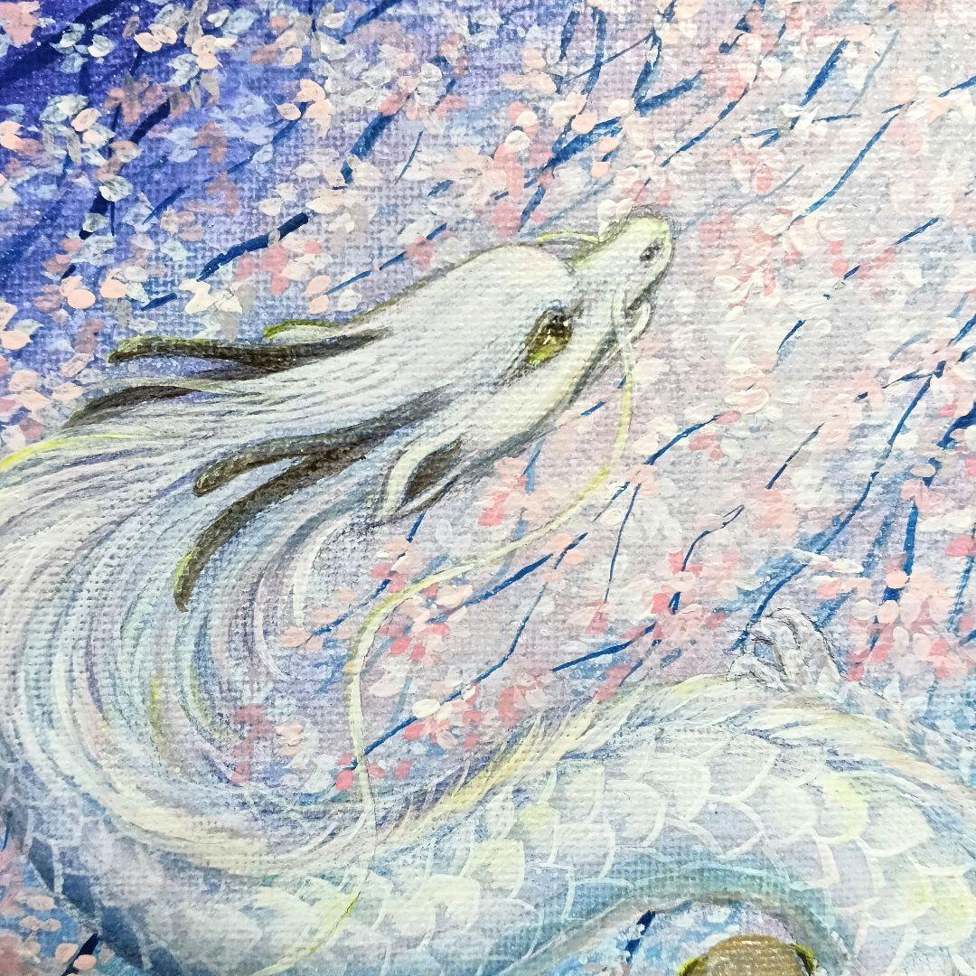 No.565 龍神絵画　龍神様　桜　開運絵画　白龍　アクリル画　原画