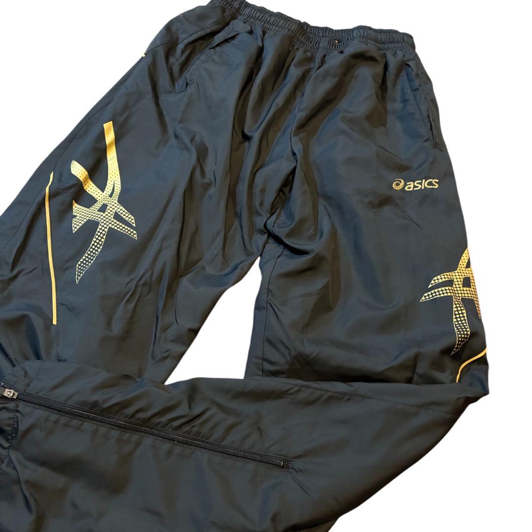 asicsウインドブレーカー セットアップXL（O） 黒×金 軽量・保温