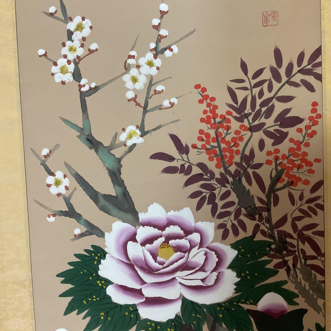 玄 亭 筆 絹本彩色画 四時長春【花鳥画】 桐箱在 肉筆
