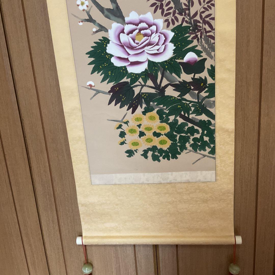 玄 亭 筆 絹本彩色画 四時長春【花鳥画】 桐箱在 肉筆