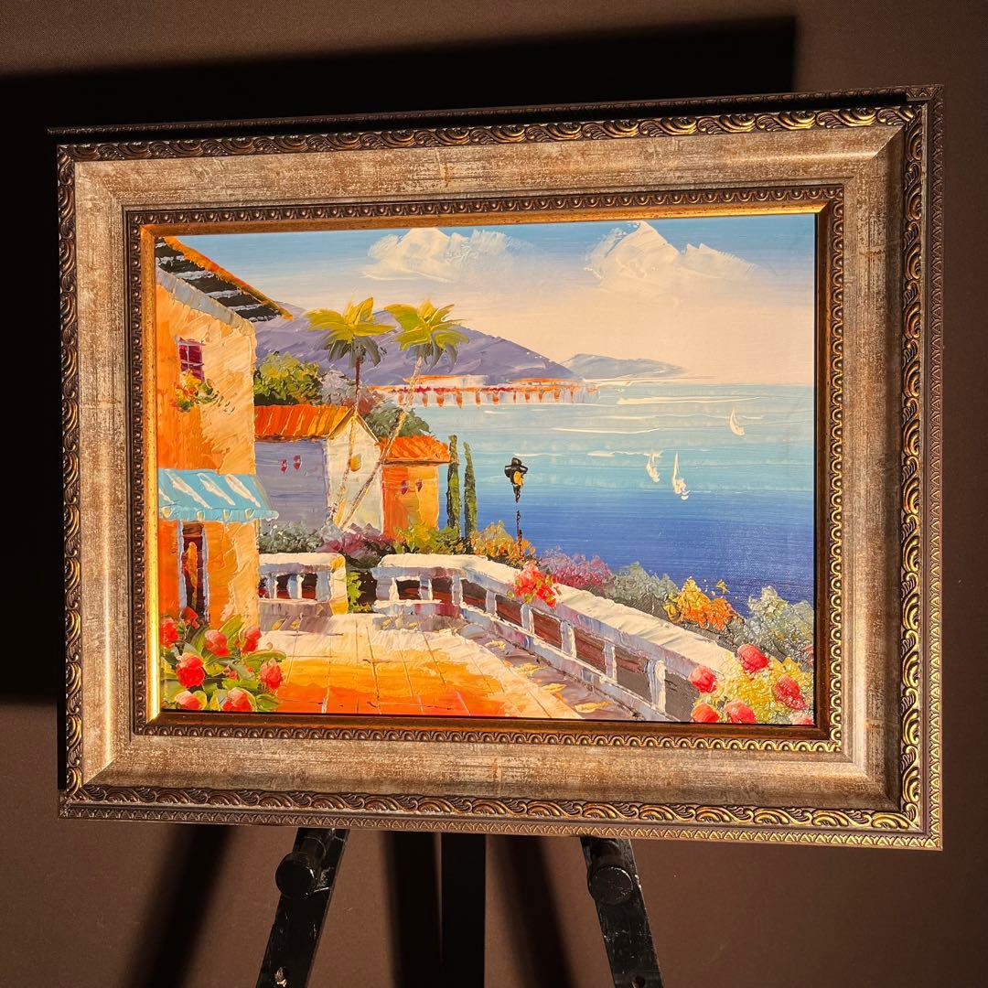 手書き油絵 地中海の風景 額付き  絵画 インテリア 油彩画