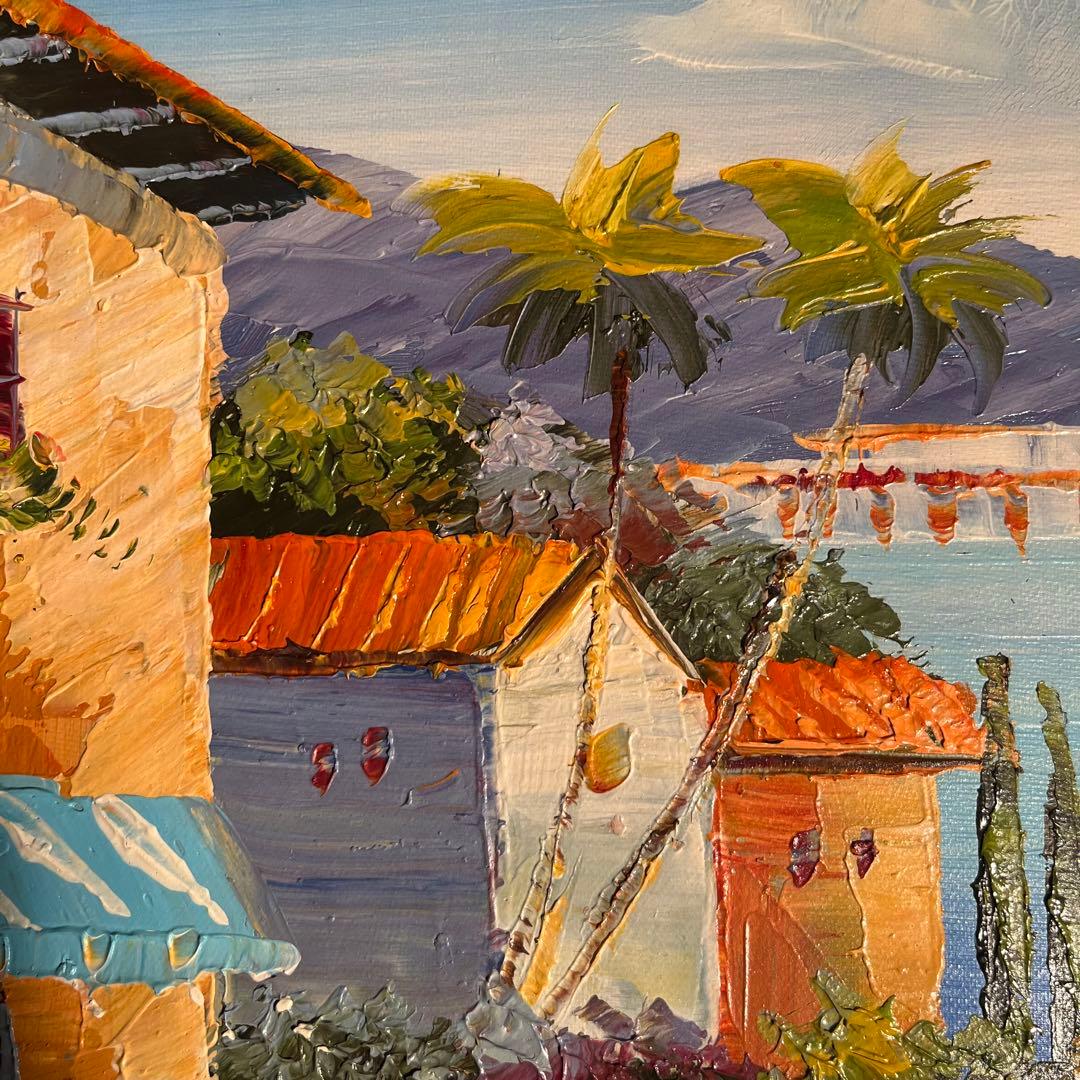 手書き油絵 地中海の風景 額付き  絵画 インテリア 油彩画