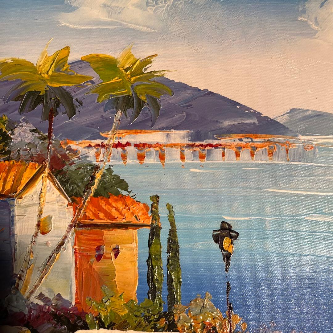 手書き油絵 地中海の風景 額付き  絵画 インテリア 油彩画