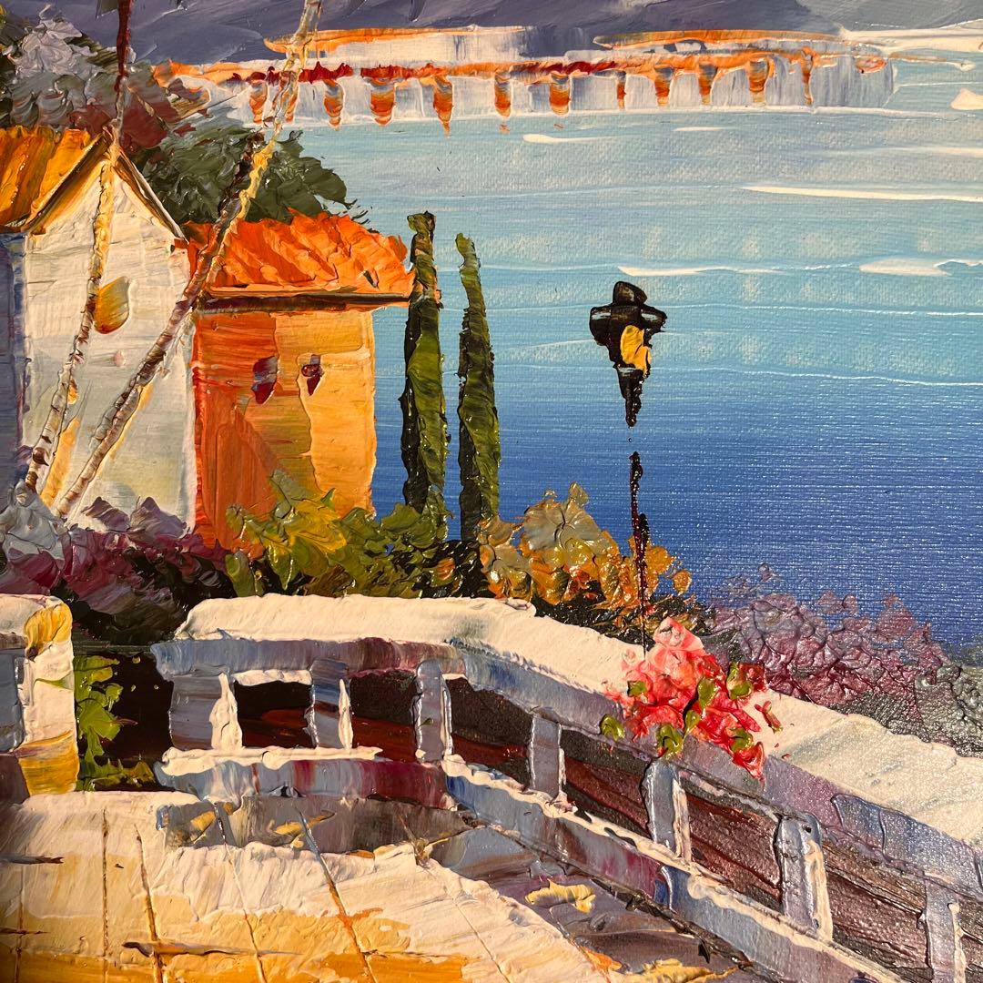 手書き油絵 地中海の風景 額付き  絵画 インテリア 油彩画