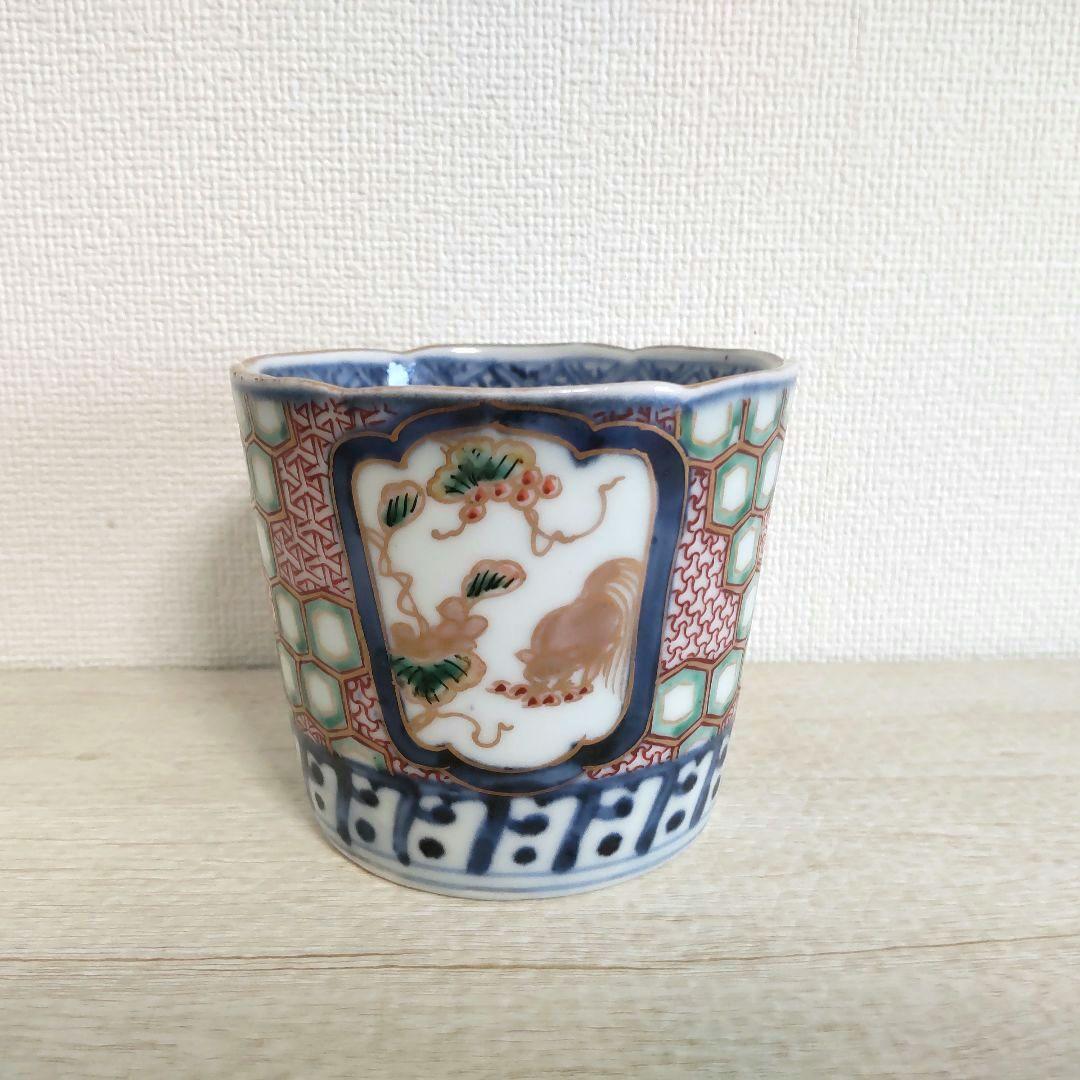 古伊万里　色絵　窓抜　葡萄に栗鼠　亀甲文　そば猪口