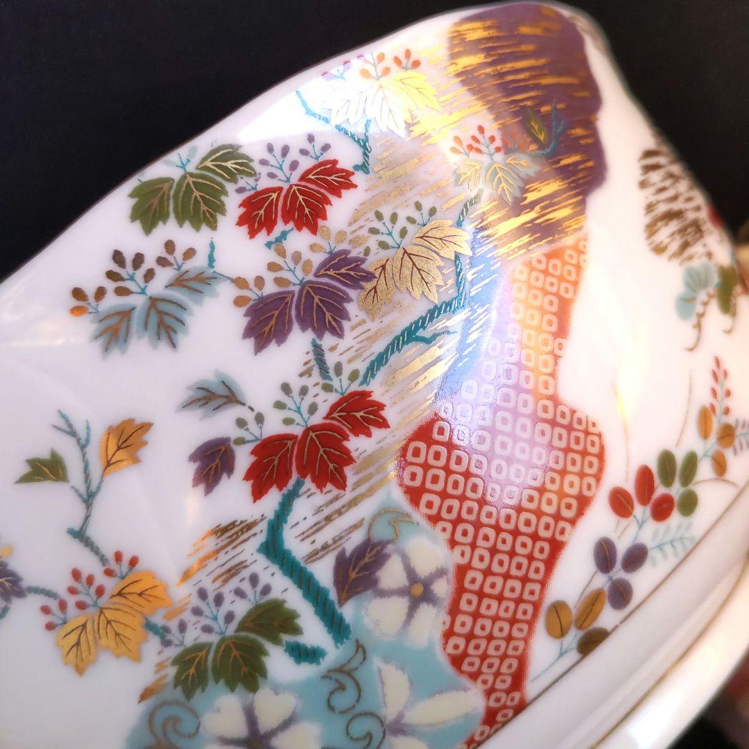 新品　千總　雛小袖　金彩色絵　菓子鉢　木箱／絵変わり　着物型小皿　紙箱　しおり付