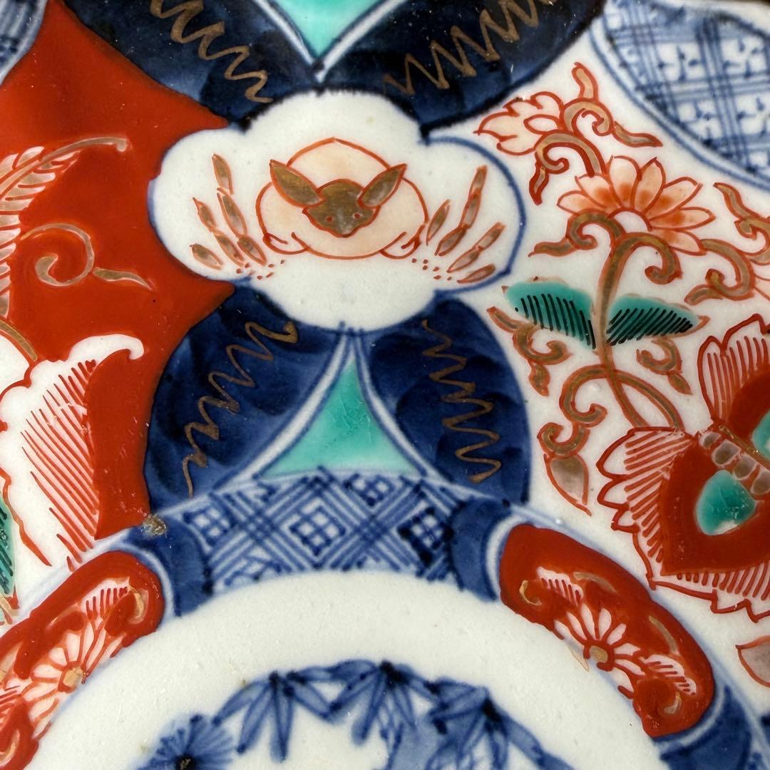 江戸後期　古伊万里　色絵うさぎ文様輪花形七寸皿　五客　冨貴長春　21.8cm