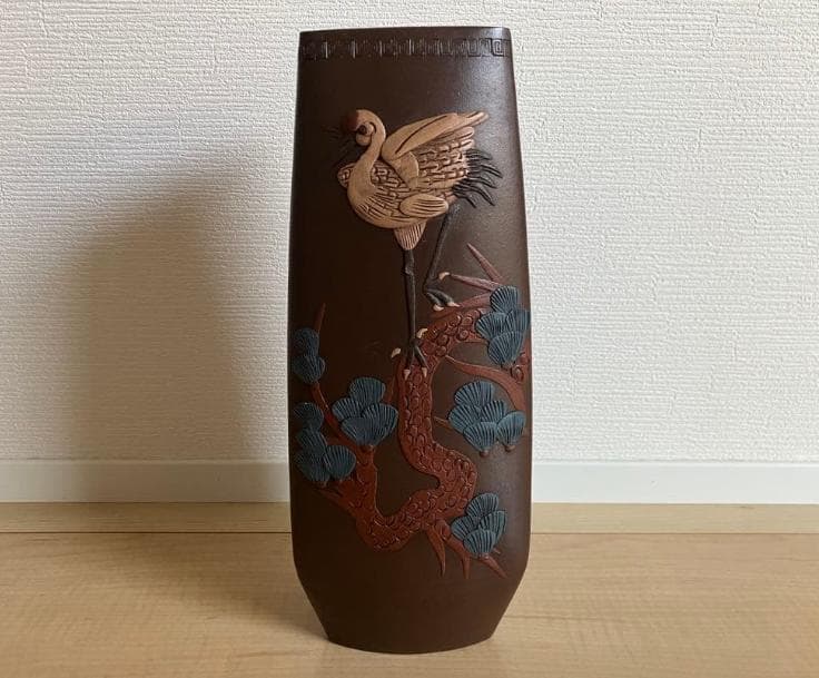 【お値下げ】花入 花器 花瓶 紫泥 紫砂 花鳥・松鶴・蘭蝶柄 在銘