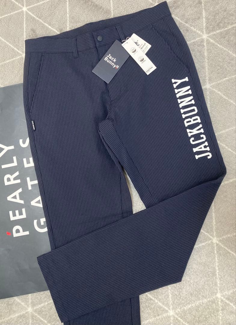 新品 パーリーゲイツ ジャックバニー 吸水速乾ストライプロングパンツ(5)L/紺