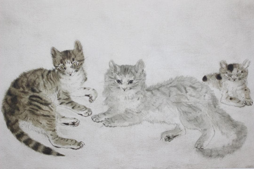 藤田嗣治 エスタンプリトグラフ「三匹の猫」 100部限定 14/100