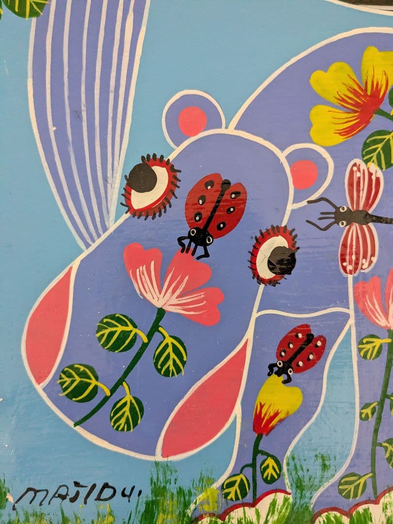 ●アフリカの絵画、ティンガティンガ、鳥と花ヒッポ、30×40cm