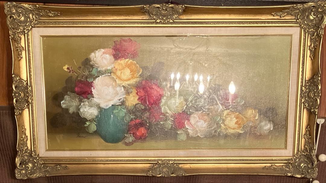 花瓶　花束 油彩画 金色フレーム付き　額装