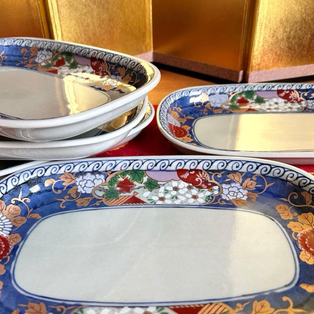 【未使用品】有田焼　清秀窯　金彩古伊万里　濃木甲　多用皿揃　楕円皿5客 元箱入り