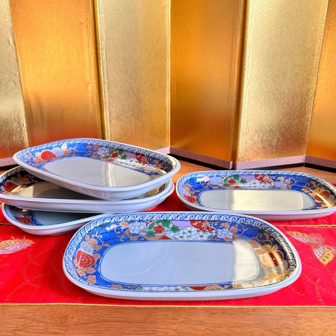 【未使用品】有田焼　清秀窯　金彩古伊万里　濃木甲　多用皿揃　楕円皿5客 元箱入り