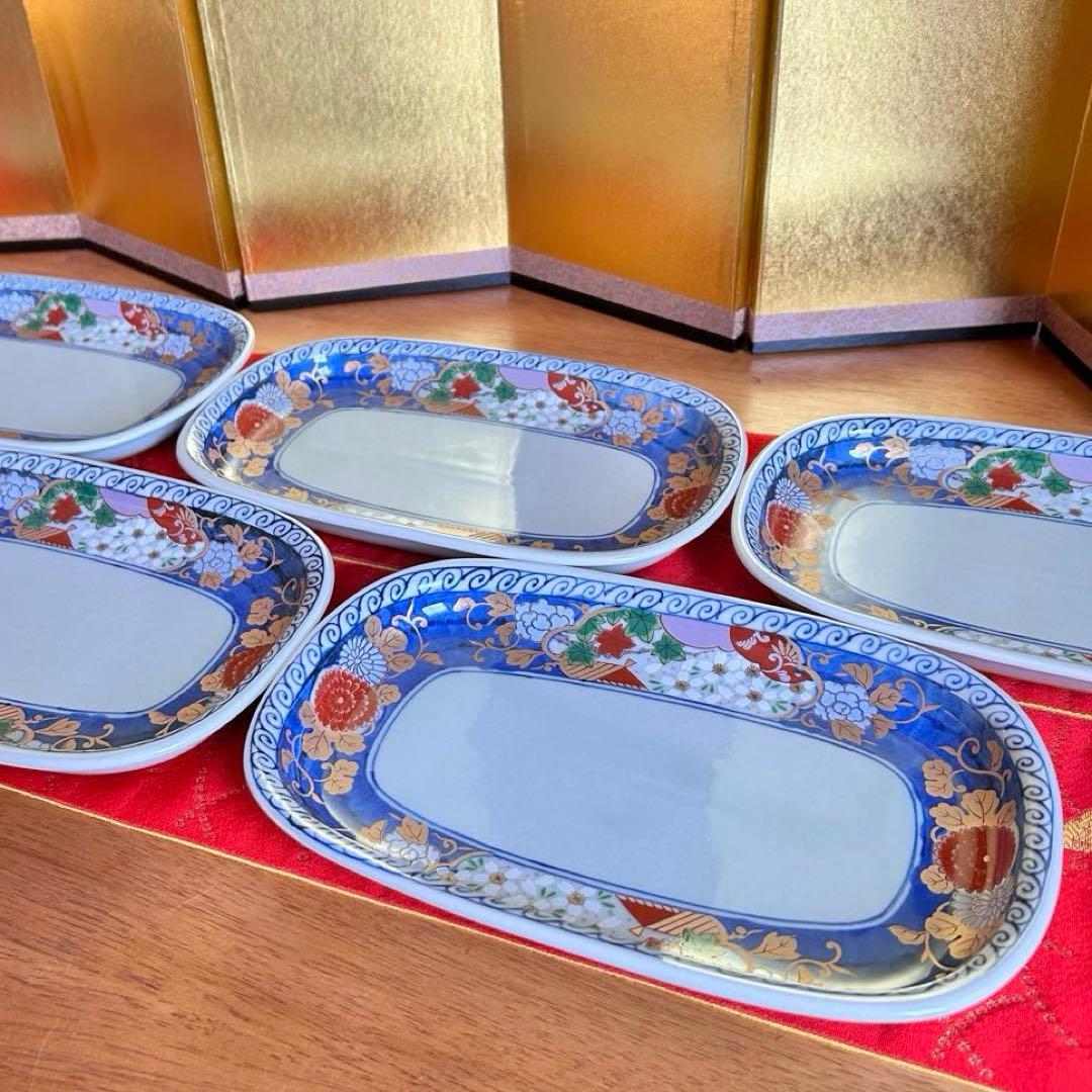 【未使用品】有田焼　清秀窯　金彩古伊万里　濃木甲　多用皿揃　楕円皿5客 元箱入り