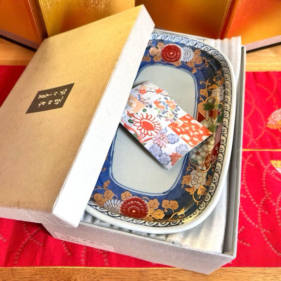 【未使用品】有田焼　清秀窯　金彩古伊万里　濃木甲　多用皿揃　楕円皿5客 元箱入り