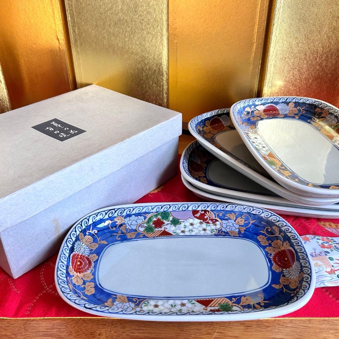 【未使用品】有田焼　清秀窯　金彩古伊万里　濃木甲　多用皿揃　楕円皿5客 元箱入り
