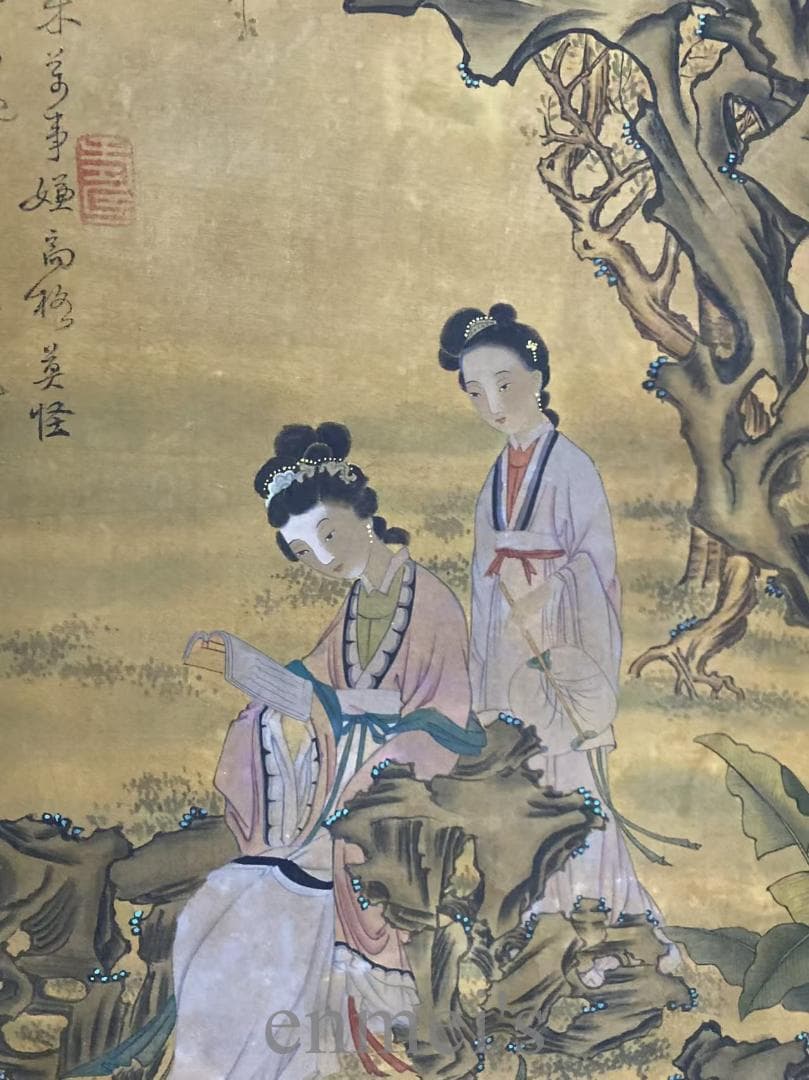 中国古美術『仇英款 人物画』絹布 三尺中堂画 掛軸 表装済 水墨画 模写 古玩