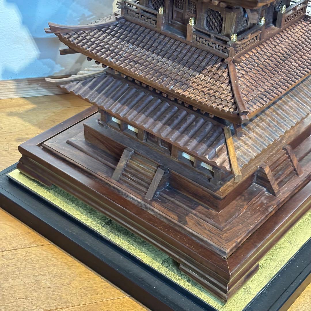 希少 法隆寺 五重塔 昭和レトロ 木製オブジェ 縁起物 インテリア ガラスケース