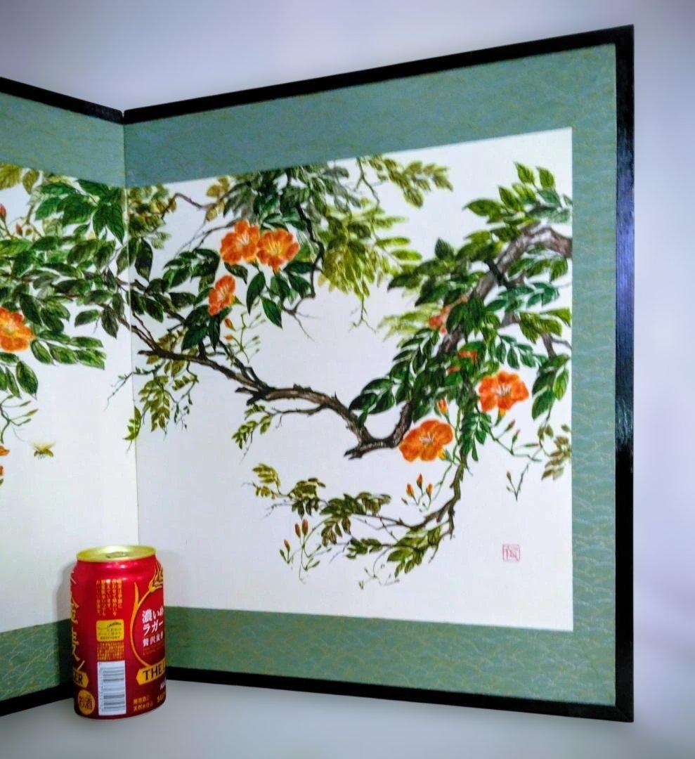 日本画 花と枝のデザイン 二つ折屏風