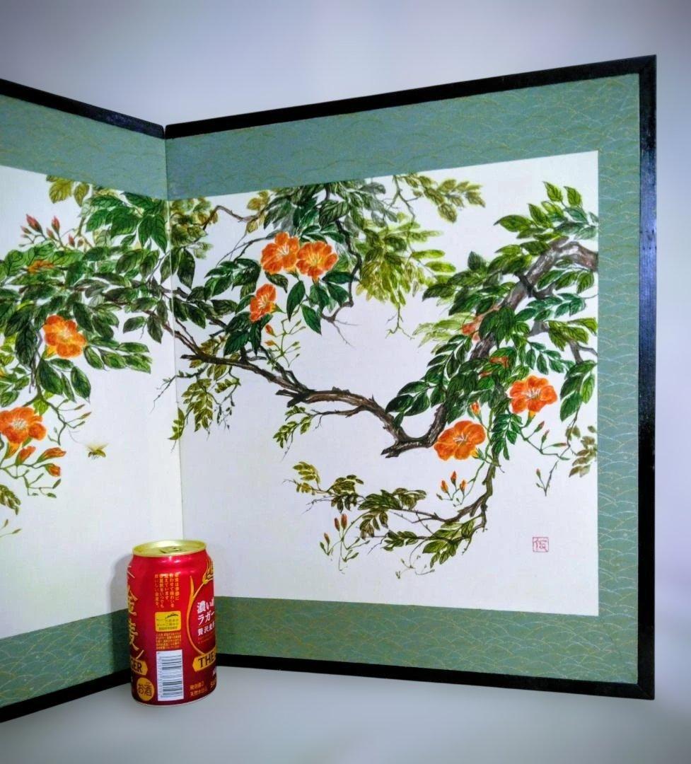 日本画 花と枝のデザイン 二つ折屏風