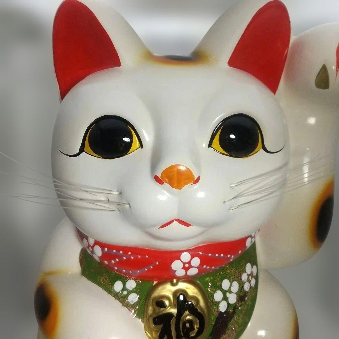 【希少・新品同様】とても大きな招き猫 左手挙げ 約34cm 陶器製 昭和レトロ