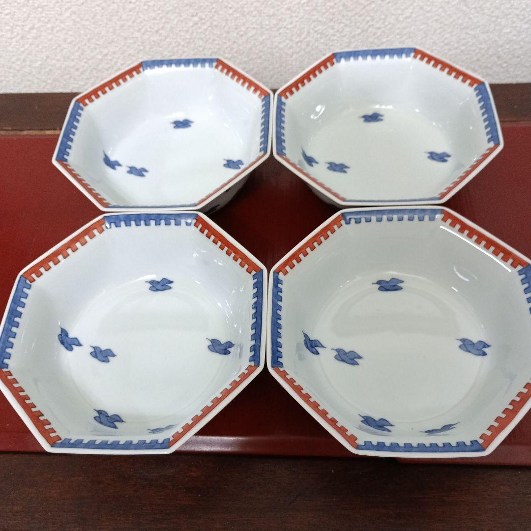 有田焼　館林弘明　鳥絵　八角皿　 4枚　保管品