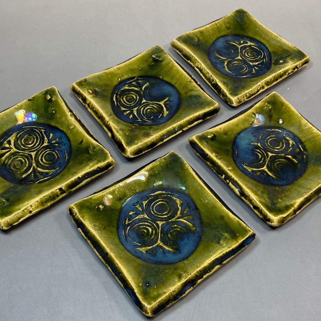 谷口祥八造 吉祥窯 織部銘々皿 5客 小皿 角皿 共箱 未使用保管品