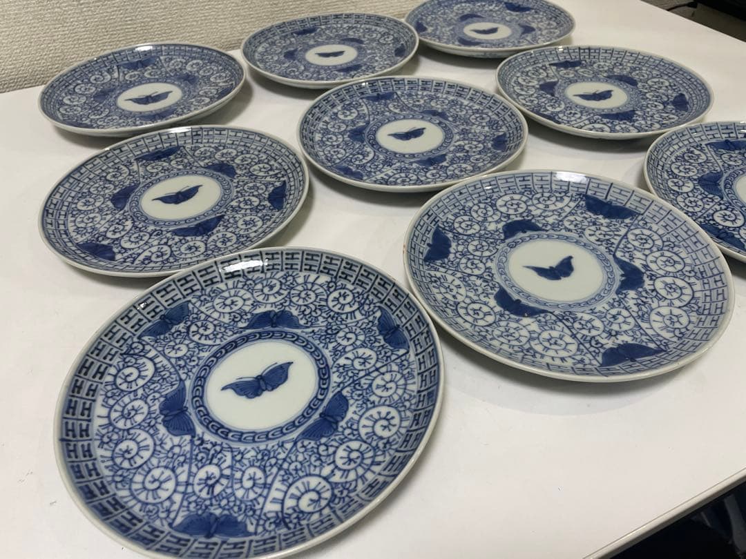 【現状品】古伊万里 染付 陶器 蛸唐草 蝶 大明宣徳年製 アンティーク 9枚 ①
