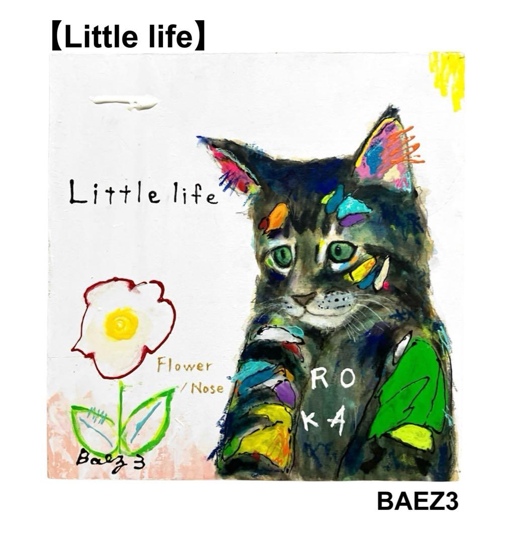 猫　絵画　アクリル画　花　メインクーン　木製パネル　BAEZ3